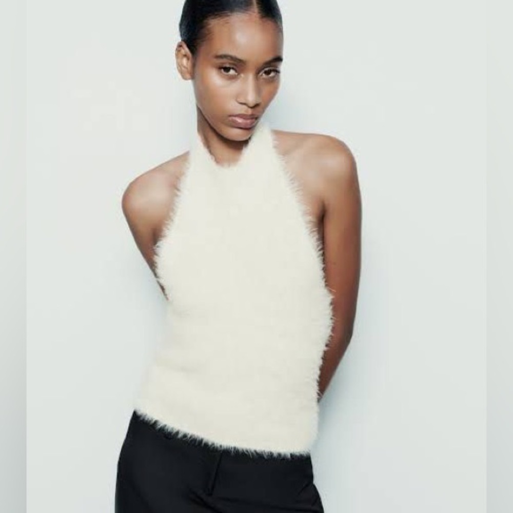 Zara White Fuzzy Halter Top